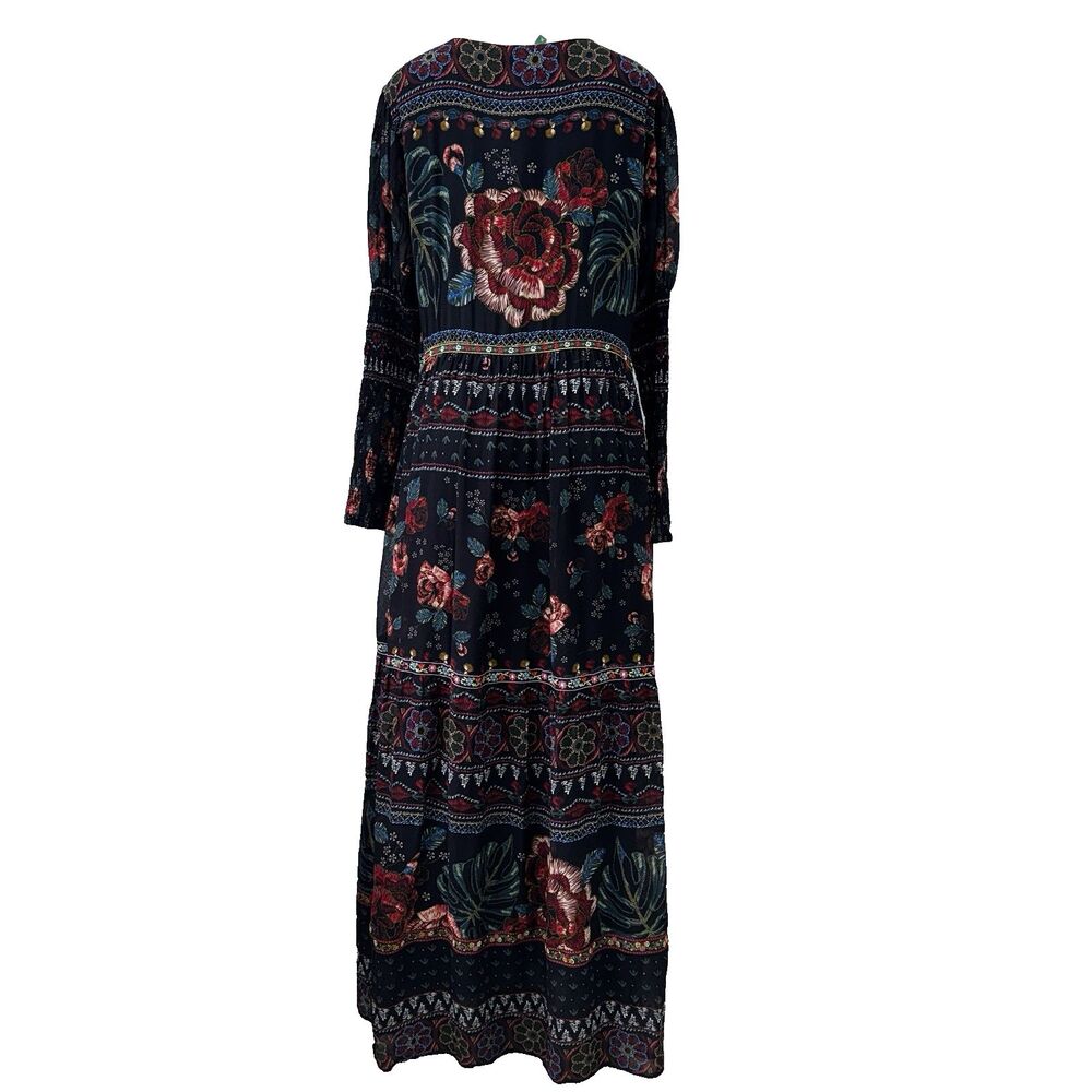 FARM Rio XL Black Floral Embroidered Print Deep V-Neck Smocked Boho Maxi Dress - Picture 7 of 11